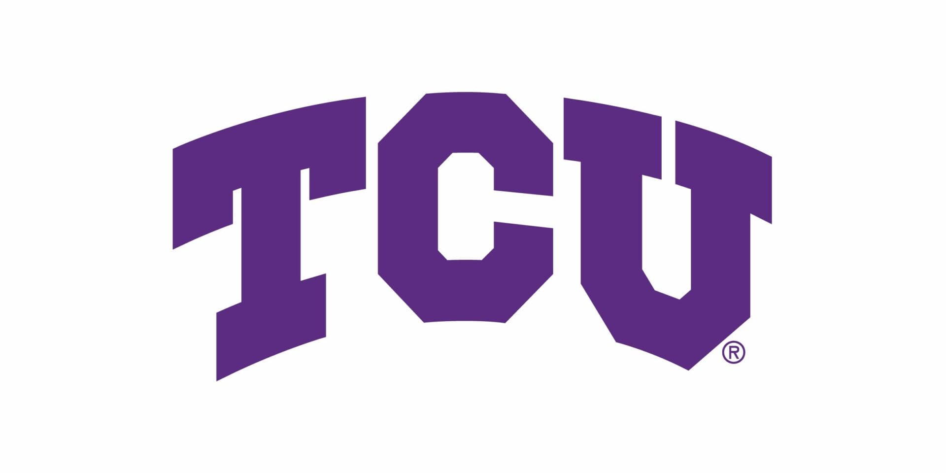 A purple and white logo of the tcu horned frogs.